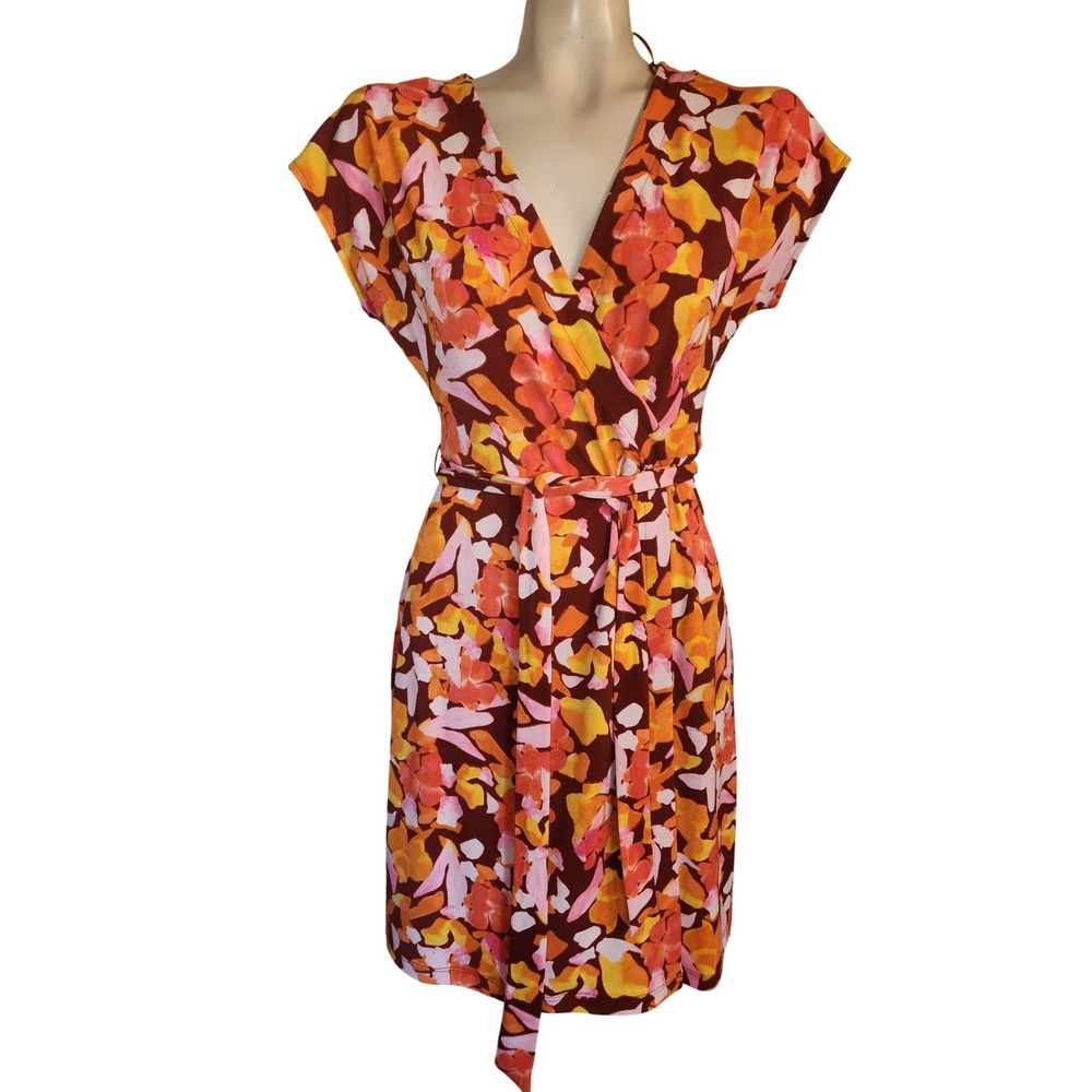 Nine West NEW Womens XS Floral Wrap Dress Orange Pink Brown Short Sleeve V-Neck